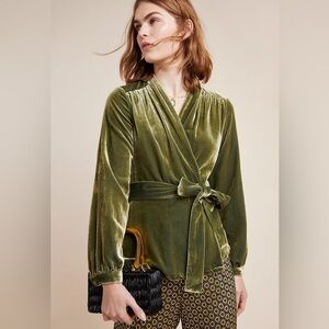 Anthropologie Moulinette Soeurs Vivienne Velvet Wrap Top Boho Olive Green M